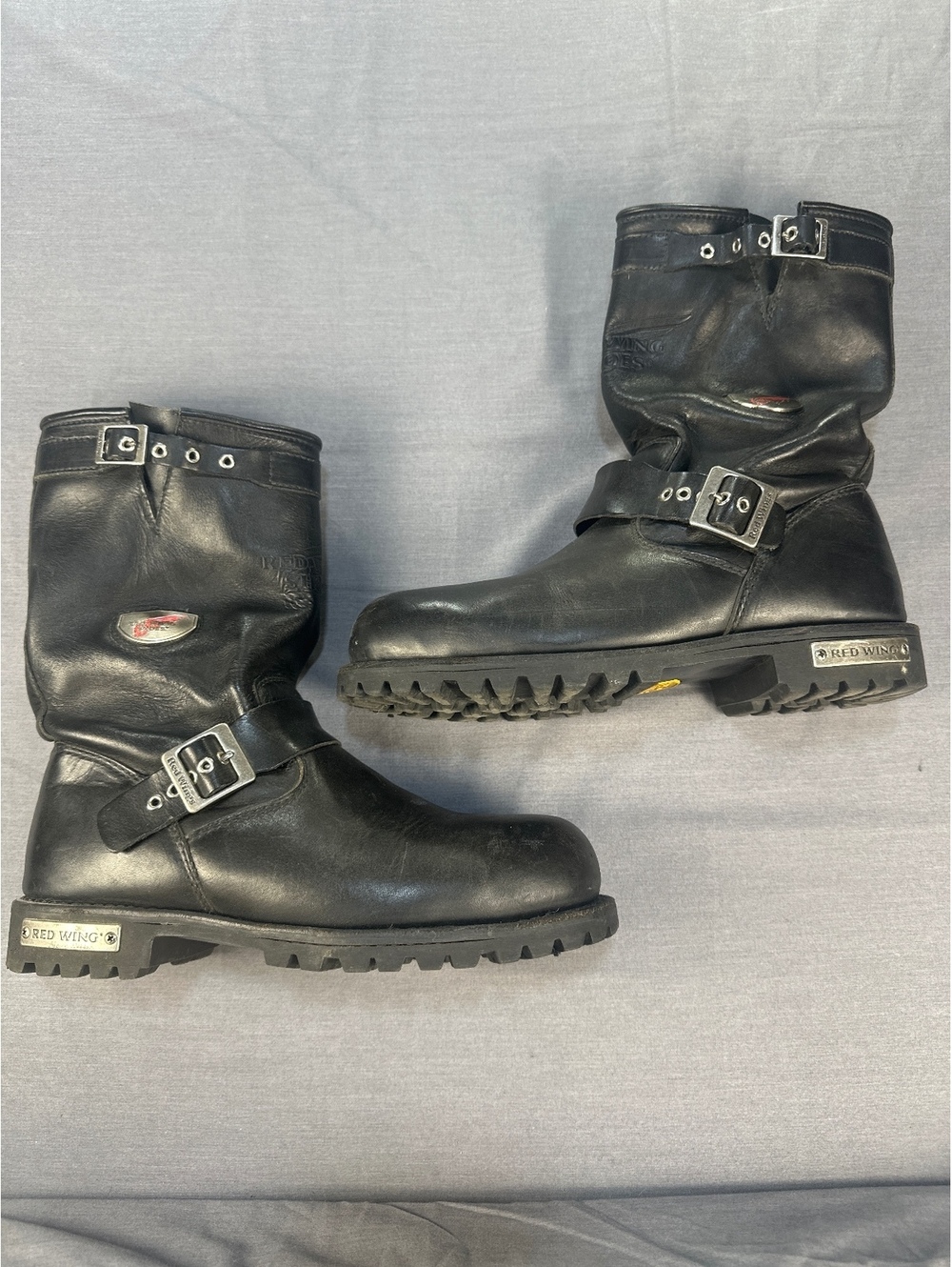 VTG Red Wing Black Leather Engineer Buckle Mid-Calf Boots Round Toe Men's 10.5
